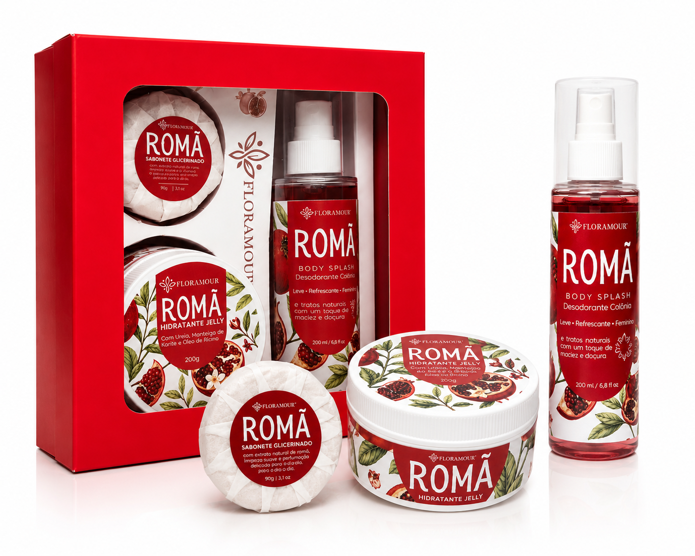 Kit Premium · Body Splash + Sabonete + Creme Jelly Romã da Floramour