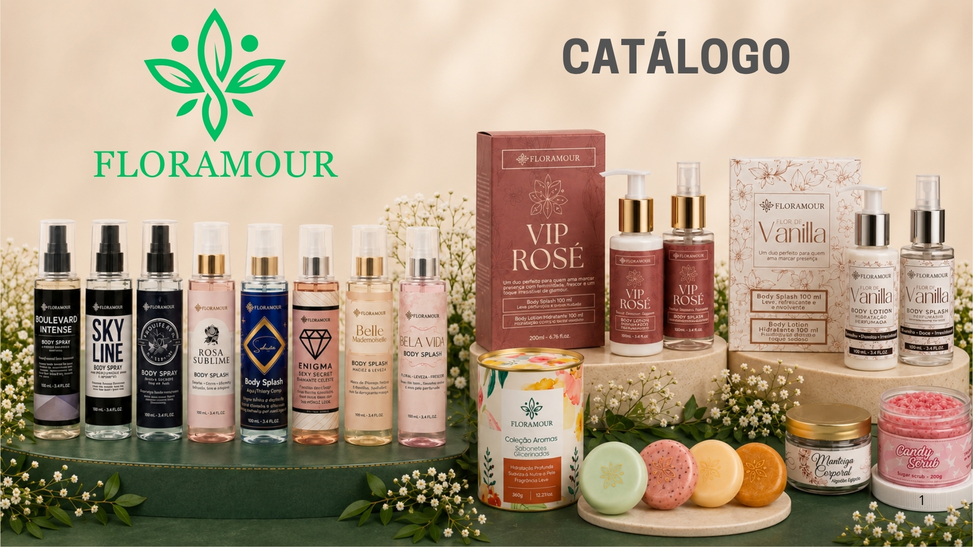 Família completa de produtos Floramour — body splashes, perfumes, hidratantes, sabonetes e mais